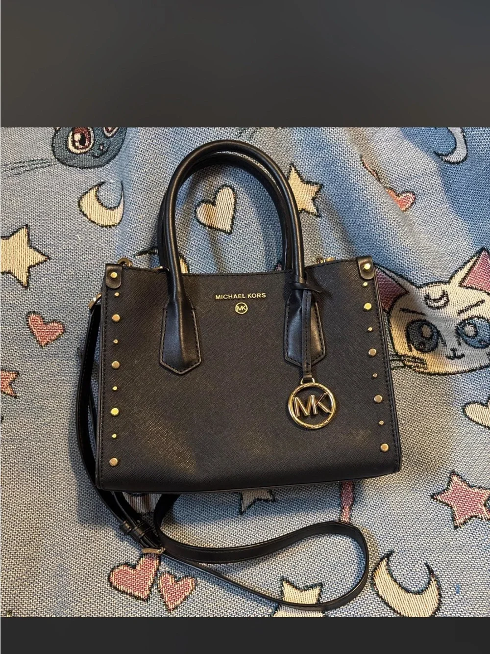 Michael Kors Black Studded Saffiano Satchel with Gold MK Charm